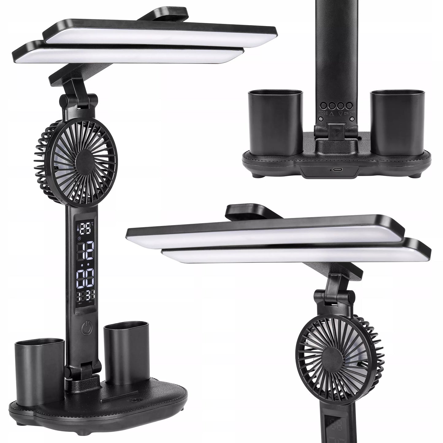 LED stalinis šviestuvas su ventiliatoriumi, laikrodžiu, mokyklai, reguliuojamas
