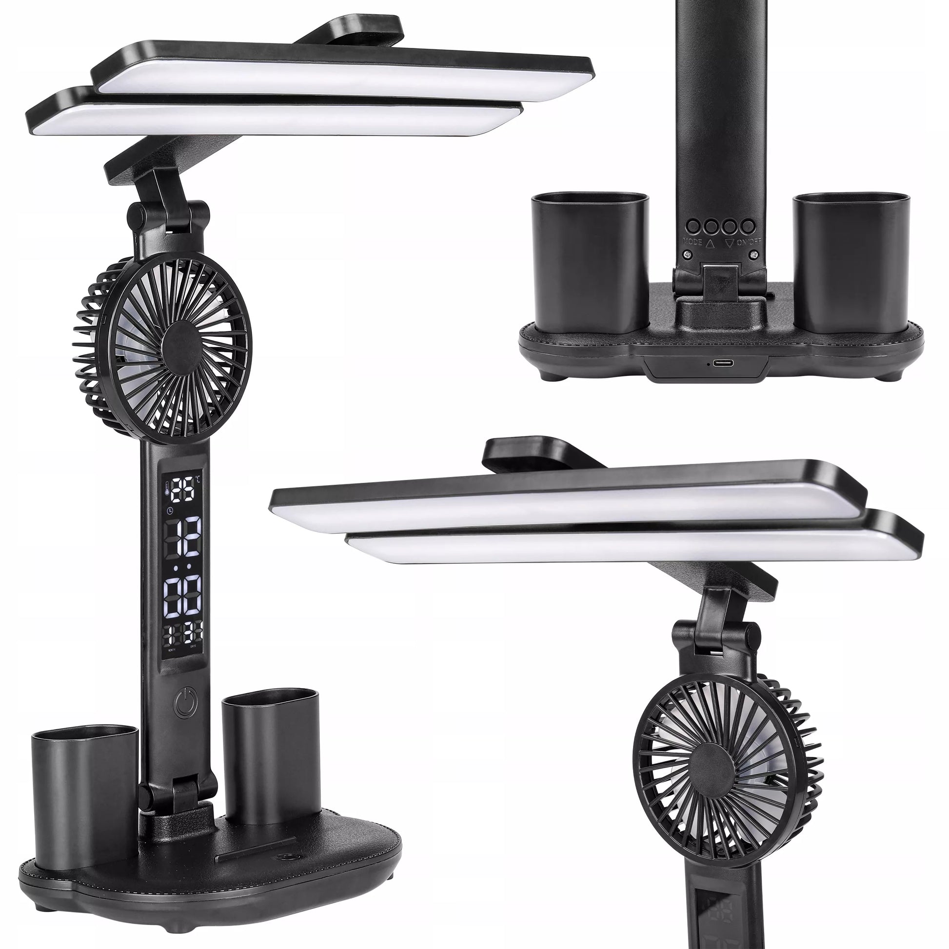 LED stalinis šviestuvas su ventiliatoriumi, laikrodžiu, mokyklai, reguliuojamas