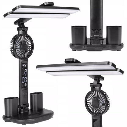 LED stalinis šviestuvas su ventiliatoriumi, laikrodžiu, mokyklai, reguliuojamas
