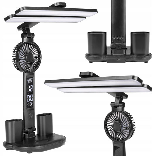 LED stalinis šviestuvas su ventiliatoriumi, laikrodžiu, mokyklai, reguliuojamas