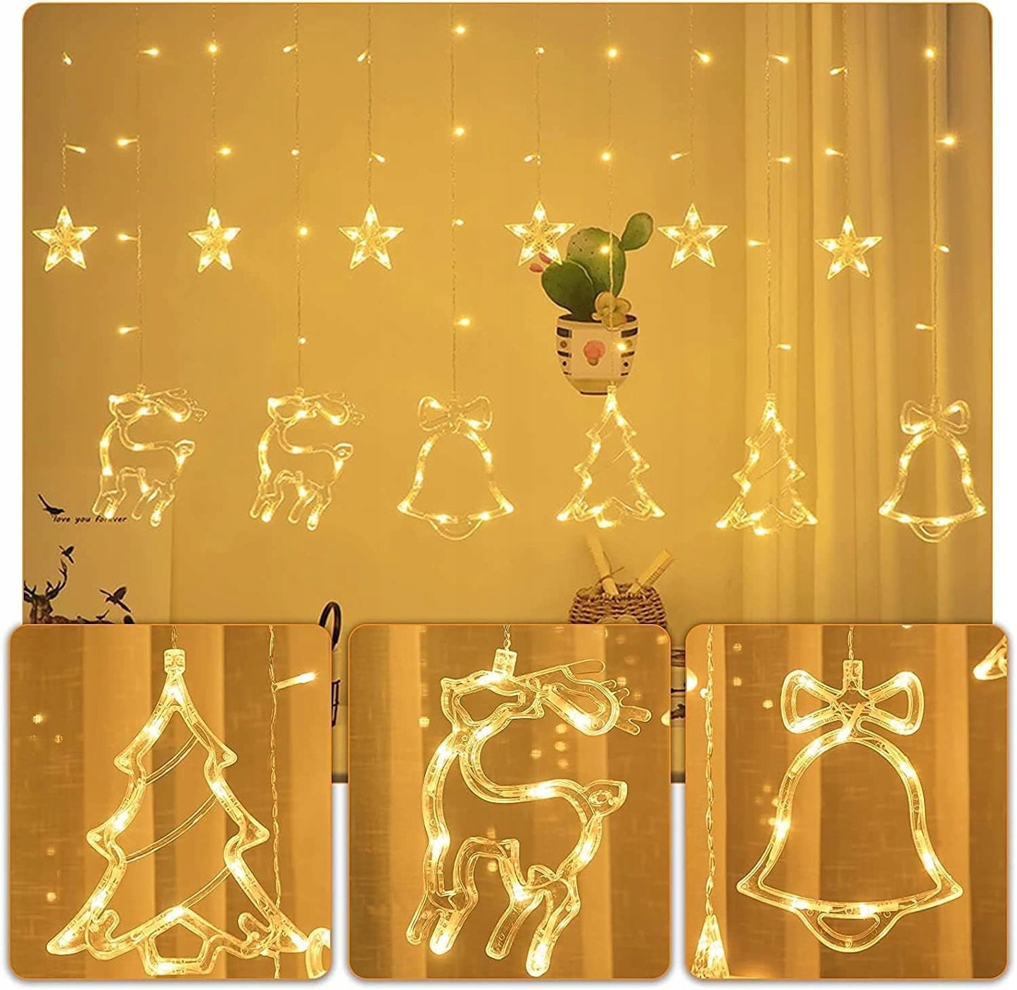 Kalėdinė girlianda užuolaida su briedžiais, elniukais, varpeliais ir eglutėmis