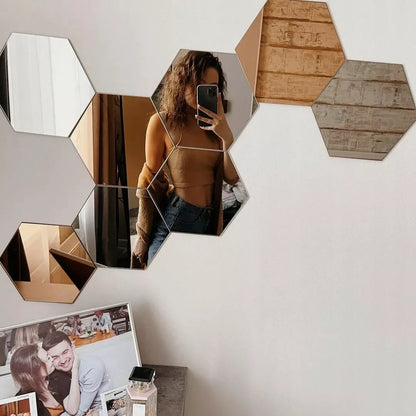 LUSTRA HEXAGON komplektas 12 vnt. DEKORATYVINIAI veidrodžiai sieniniai į kambarį 9cm madingi