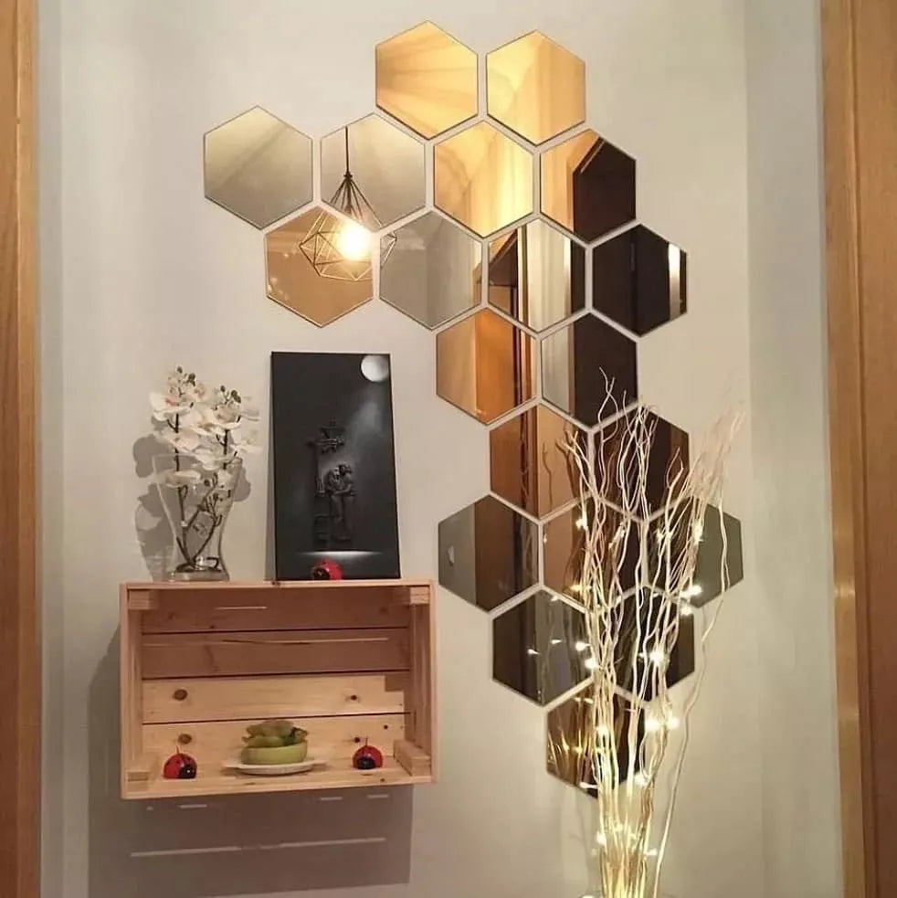LUSTRA HEXAGON komplektas 12 vnt. DEKORATYVINIAI veidrodžiai sieniniai į kambarį 9cm madingi