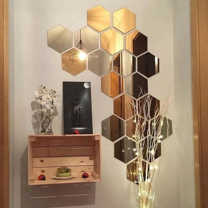 LUSTRA HEXAGON komplektas 12 vnt. DEKORATYVINIAI veidrodžiai sieniniai į kambarį 9cm madingi