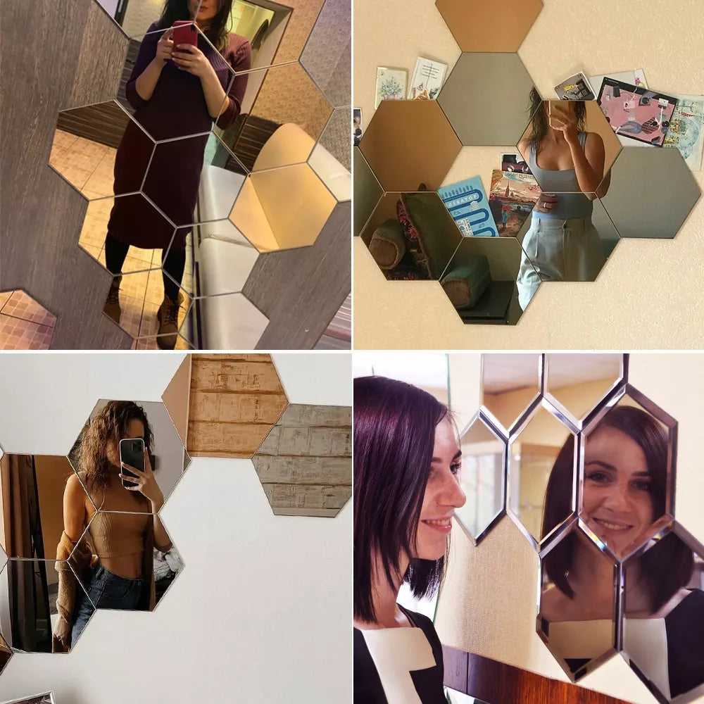 LUSTRA HEXAGON komplektas 12 vnt. DEKORATYVINIAI veidrodžiai sieniniai į kambarį 9cm madingi