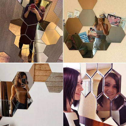 LUSTRA HEXAGON komplektas 12 vnt. DEKORATYVINIAI veidrodžiai sieniniai į kambarį 9cm madingi