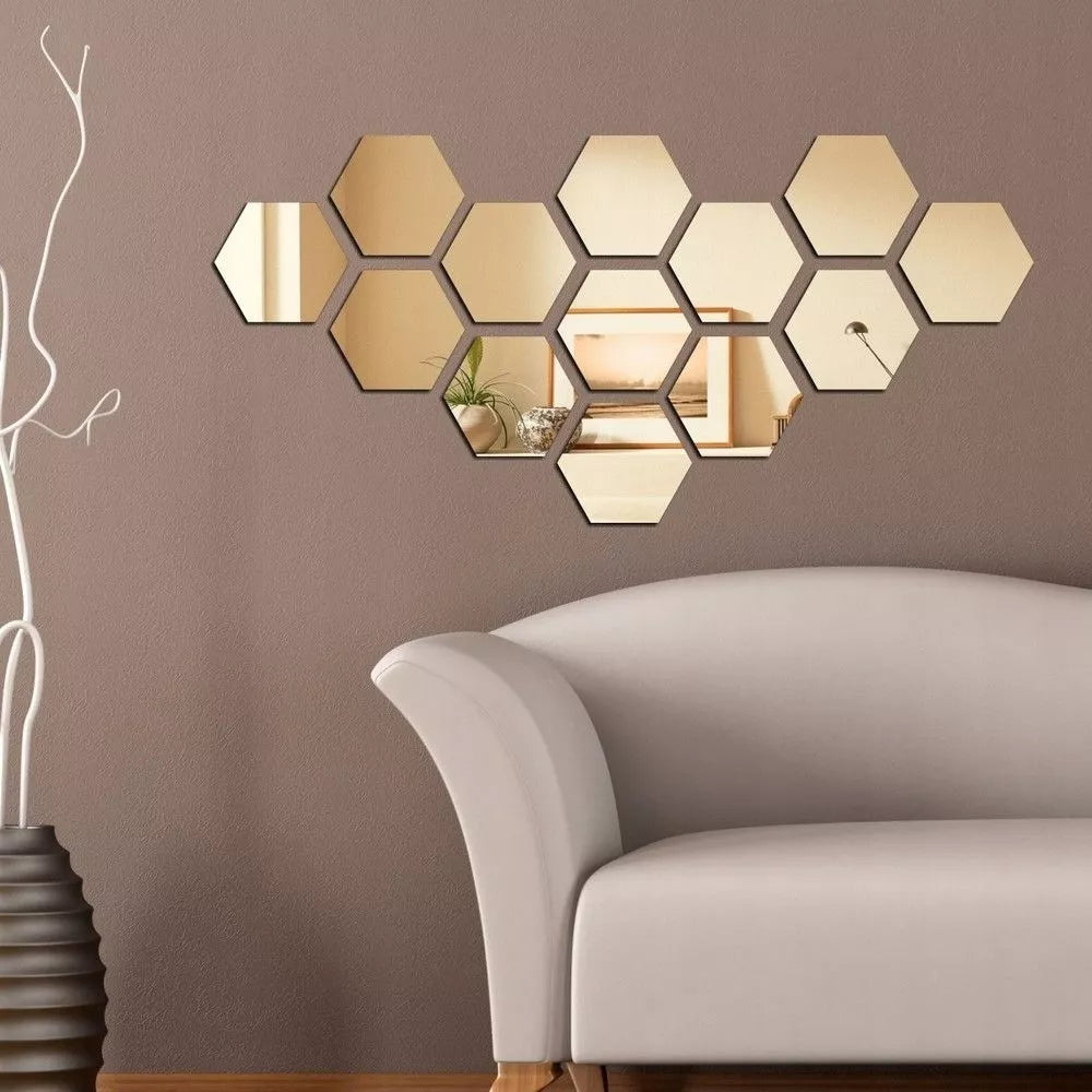 LUSTRA HEXAGON komplektas 12 vnt. DEKORATYVINIAI veidrodžiai sieniniai į kambarį 9cm madingi