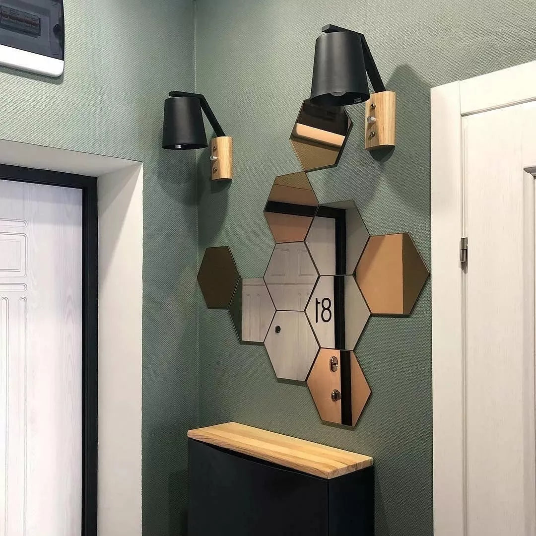 LUSTRA HEXAGON komplektas 12 vnt. DEKORATYVINIAI veidrodžiai sieniniai į kambarį 9cm madingi