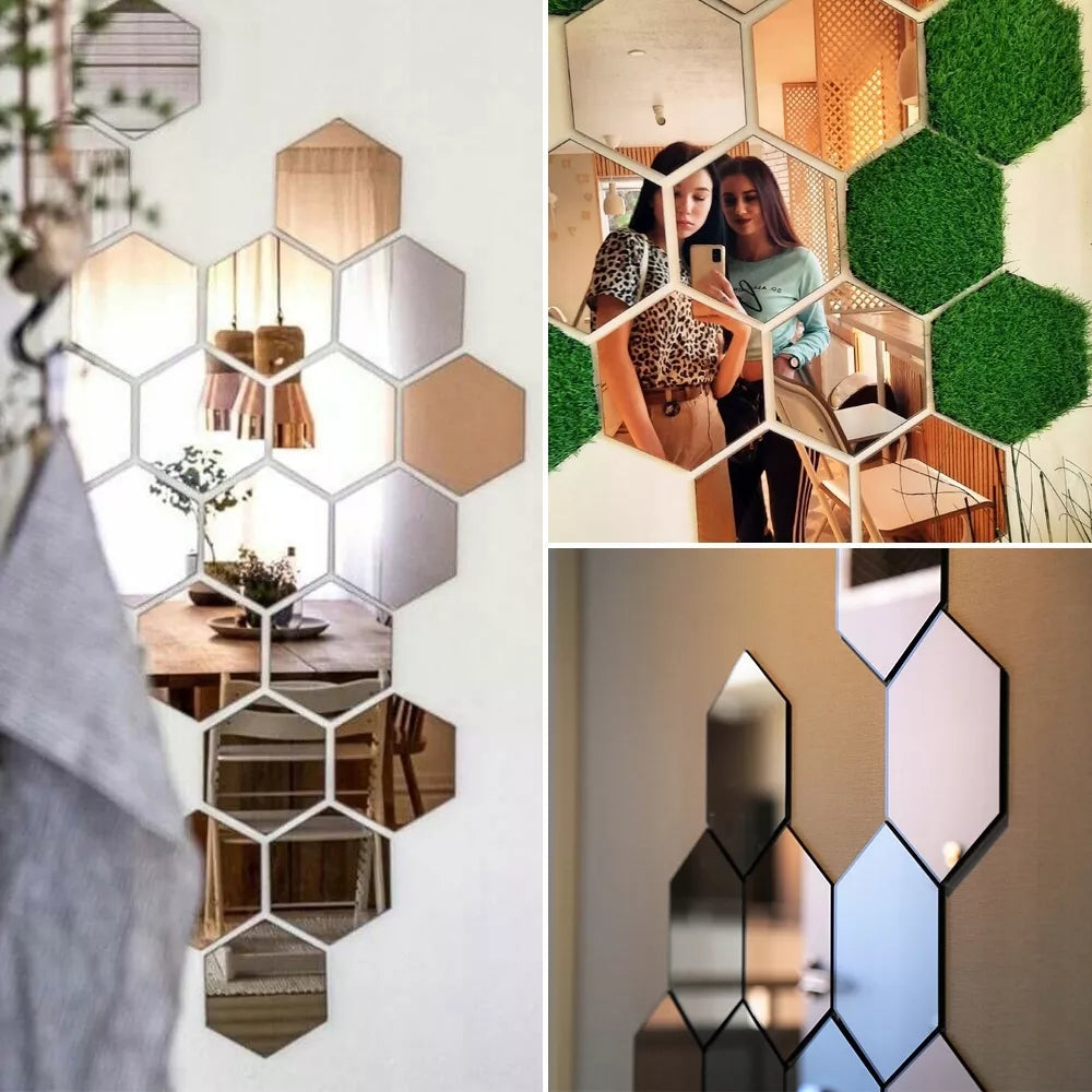 LUSTRA HEXAGON komplektas 12 vnt. DEKORATYVINIAI veidrodžiai sieniniai į kambarį 9cm madingi