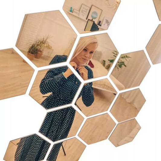 LUSTRA HEXAGON komplektas 12 vnt. DEKORATYVINIAI veidrodžiai sieniniai į kambarį 9cm madingi