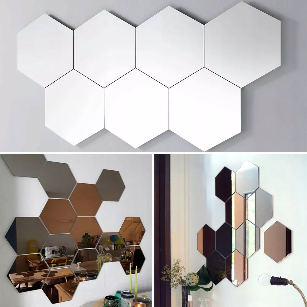 LUSTRA HEXAGON komplektas 12 vnt. DEKORATYVINIAI veidrodžiai sieniniai į kambarį 9cm madingi