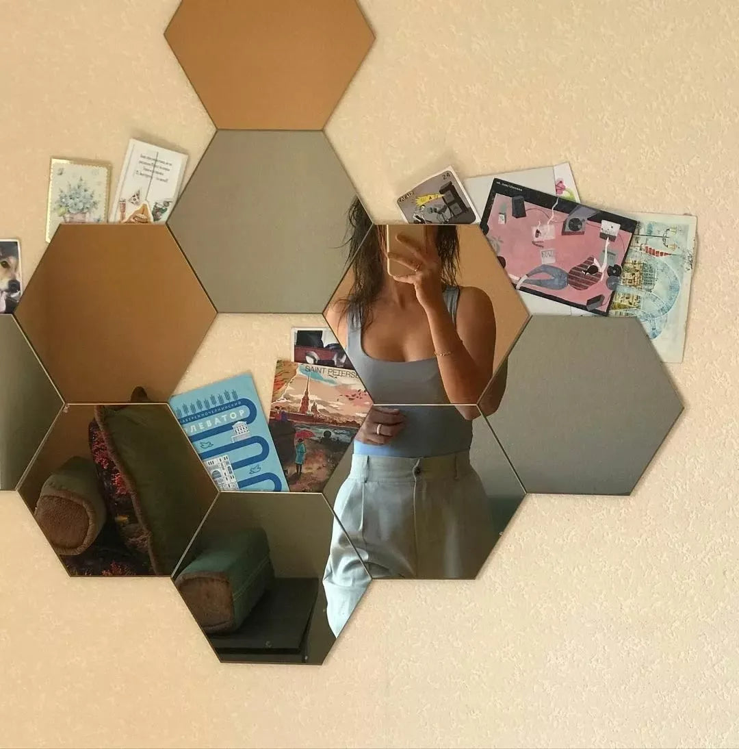 LUSTRA HEXAGON komplektas 12 vnt. DEKORATYVINIAI veidrodžiai sieniniai į kambarį 9cm madingi