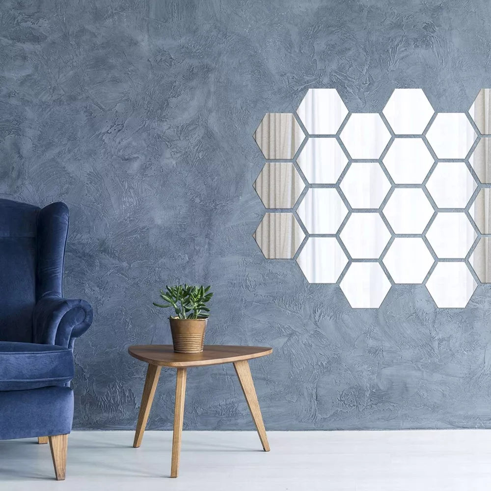 LUSTRA HEXAGON komplektas 12 vnt. DEKORATYVINIAI veidrodžiai sieniniai į kambarį 9cm madingi