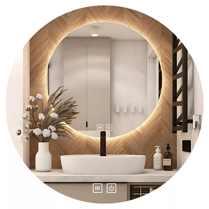 Apvalus 60 cm LED vonios veidrodis su lietimo jungikliu, apsauga nuo rasojimo ir 3 spalvų apšvietimu.