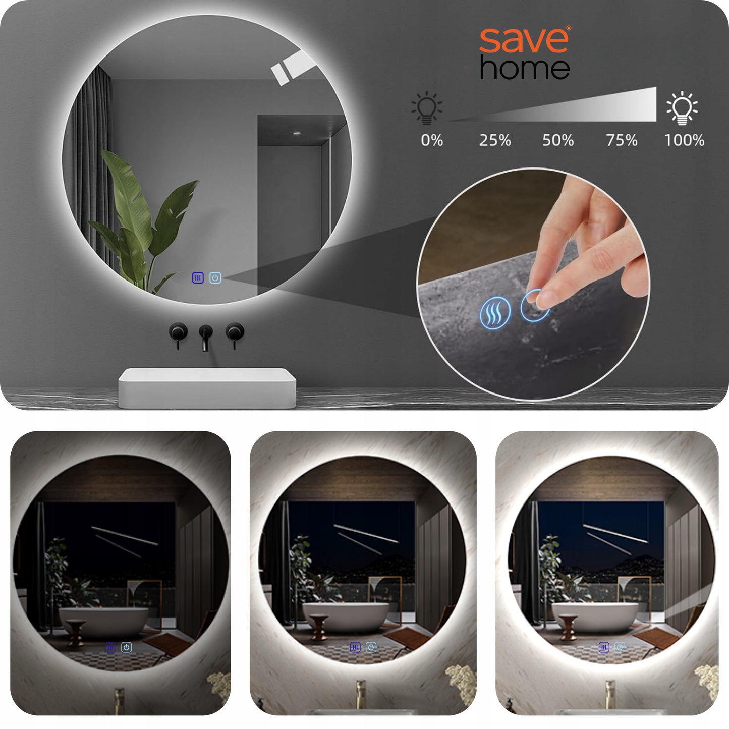 Apvalus LED vonios veidrodis 80 cm, lietimui jautrus, su apsauga nuo rasojimo, 3 spalvų temperatūros