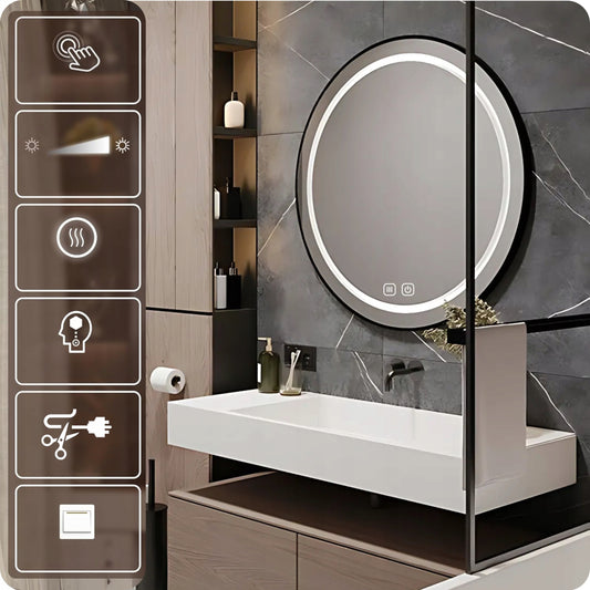 LED vonios veidrodis 80 cm apvalus su apšvietimu ir loft stiliaus rėmeliu, be garų