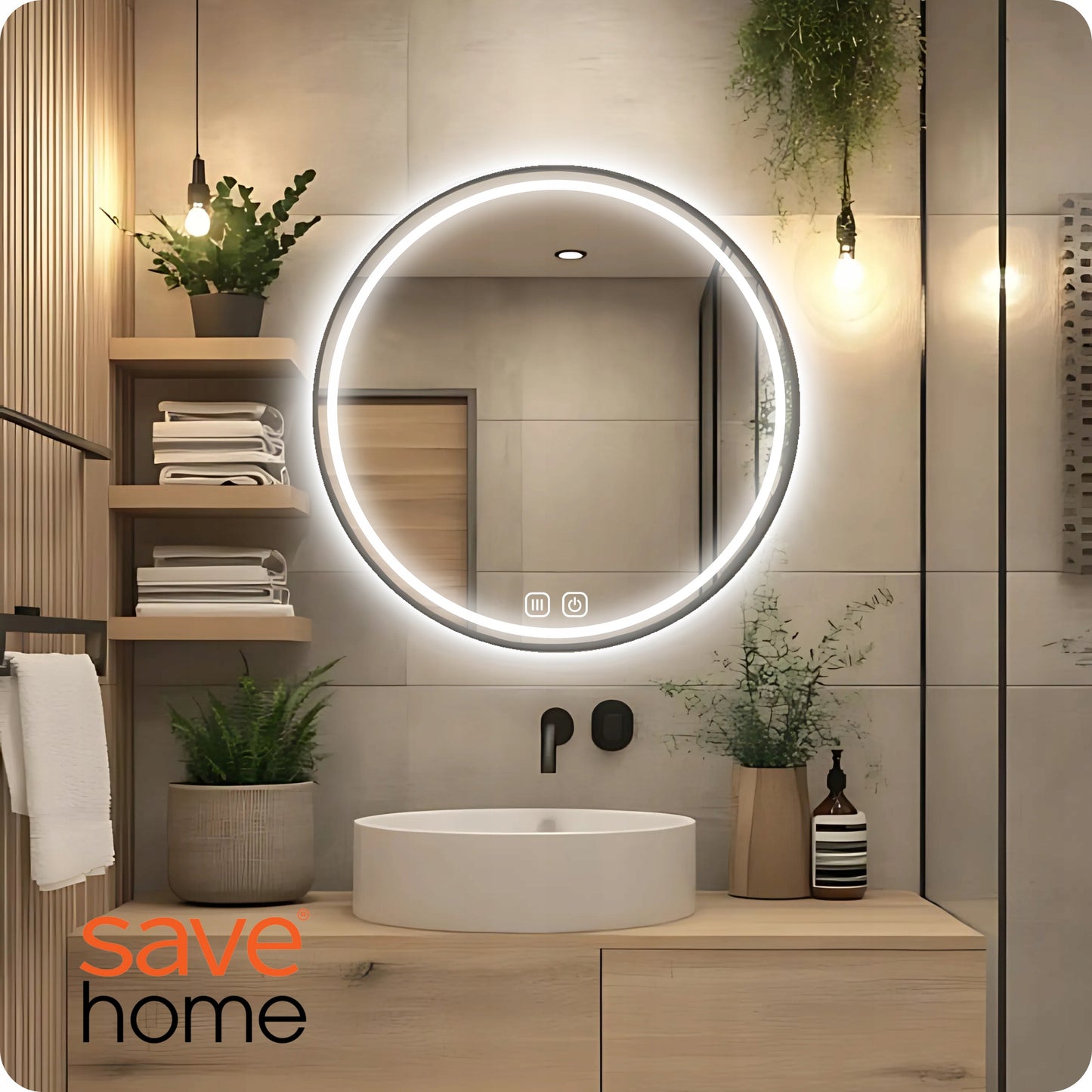 LED vonios veidrodis 80 cm apvalus su apšvietimu ir loft stiliaus rėmeliu, be garų