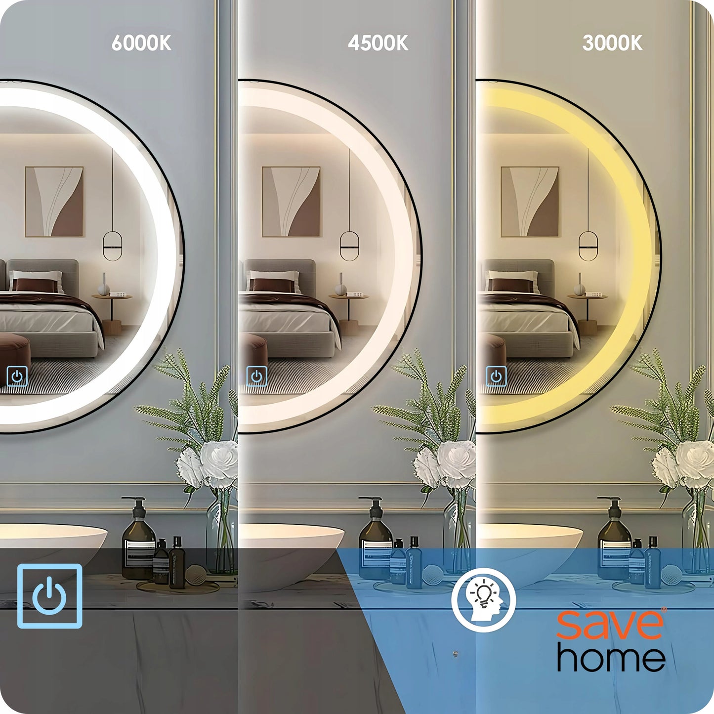 LED vonios veidrodis 80 cm apvalus su apšvietimu ir loft stiliaus rėmeliu, be garų