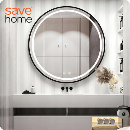 LED vonios veidrodis 80 cm apvalus su apšvietimu ir loft stiliaus rėmeliu, be garų