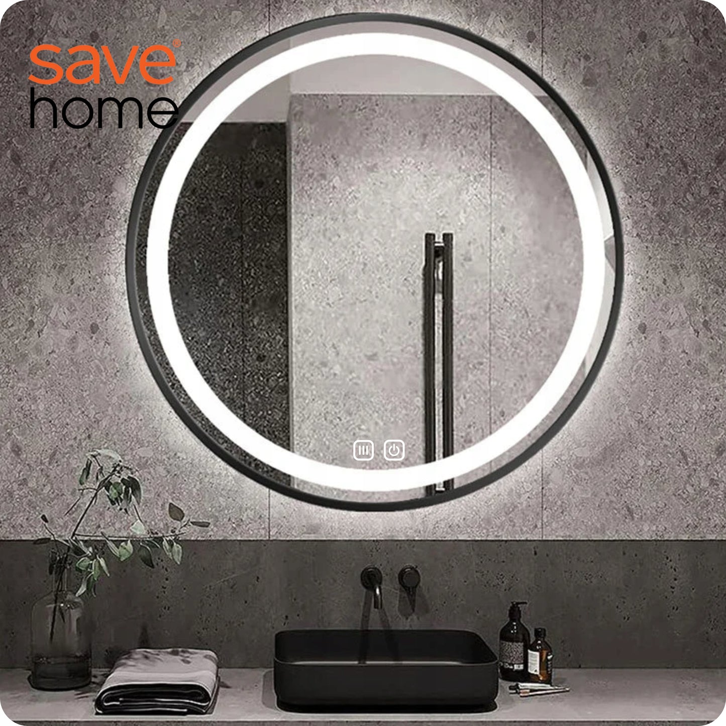 LED vonios veidrodis 80 cm apvalus su apšvietimu ir loft stiliaus rėmeliu, be garų