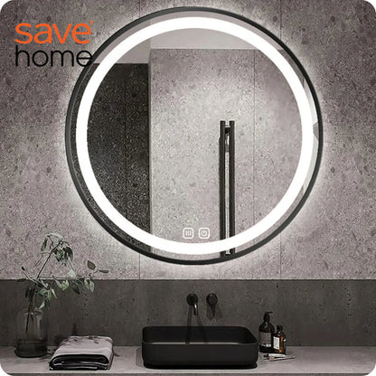 LED vonios veidrodis 80 cm apvalus su apšvietimu ir loft stiliaus rėmeliu, be garų