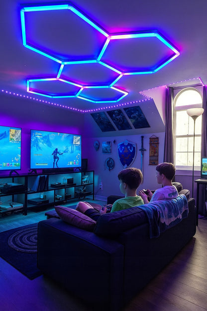 LED lempa HEXAGON RGB 180W Panelinis apšvietimas dirbtuvėms, namams + programėlės ir pultelio valdymas