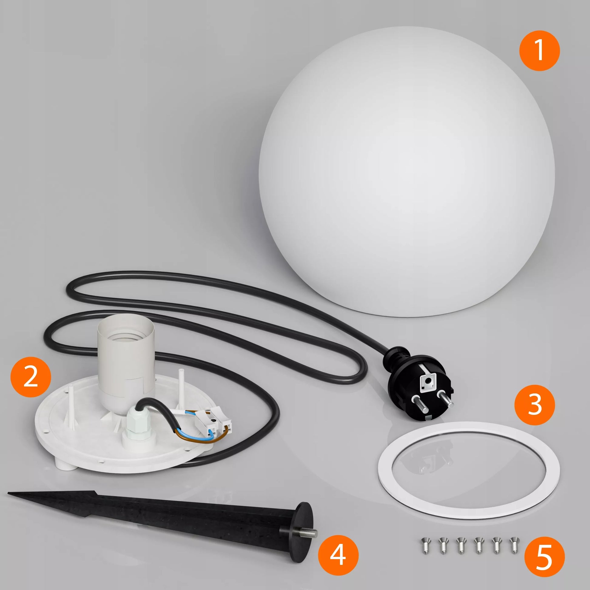Sodo rutulio formos LED šviestuvas baltas 30cm IP65 230V E27 su integruotu smaigu į žemę