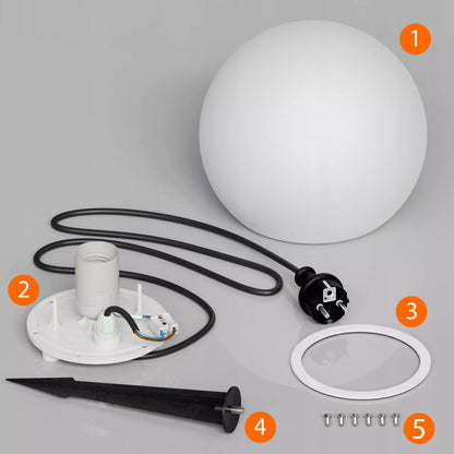 Sodo rutulio formos LED šviestuvas baltas 30cm IP65 230V E27 su integruotu smaigu į žemę