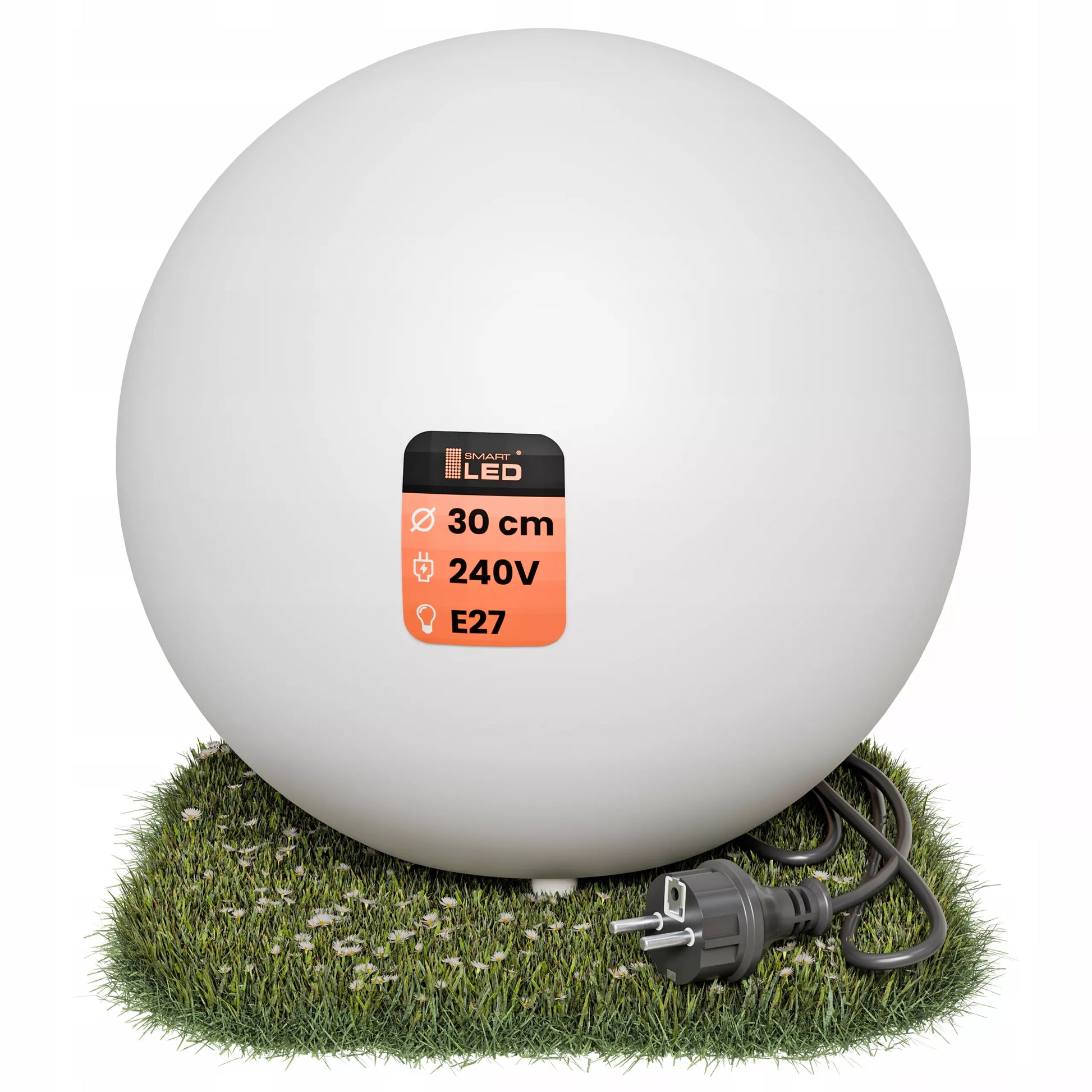 Sodo rutulio formos LED šviestuvas baltas 30cm IP65 230V E27 su integruotu smaigu į žemę