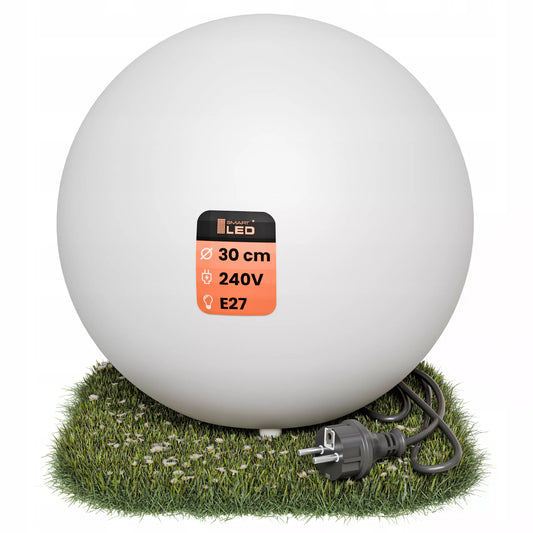 Sodo rutulio formos LED šviestuvas baltas 30cm IP65 230V E27 su integruotu smaigu į žemę