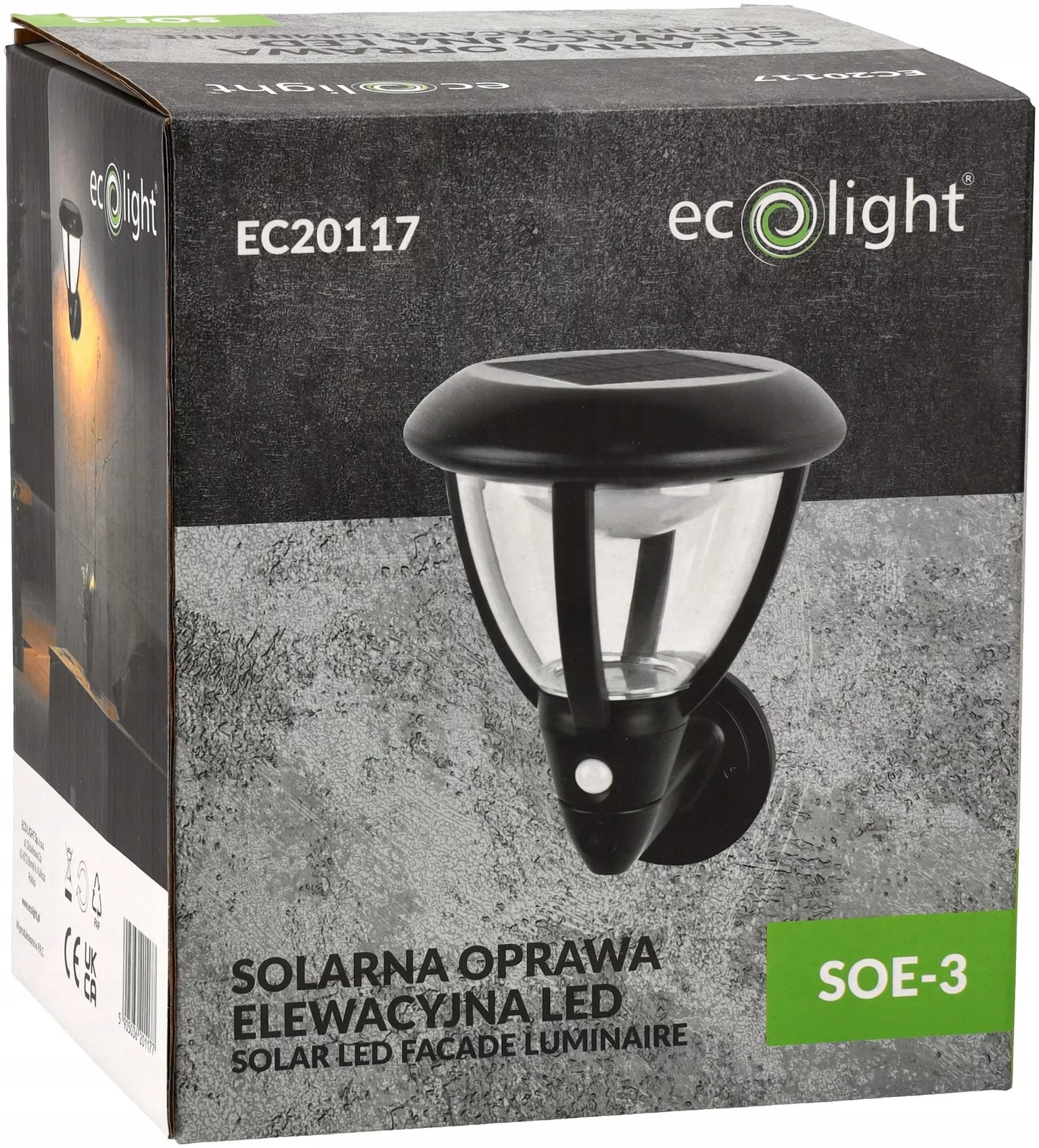 ECOLIGHT saulės energija maitinamas fasadinis LED šviestuvas su judesio ir sutemų jutikliu IP44