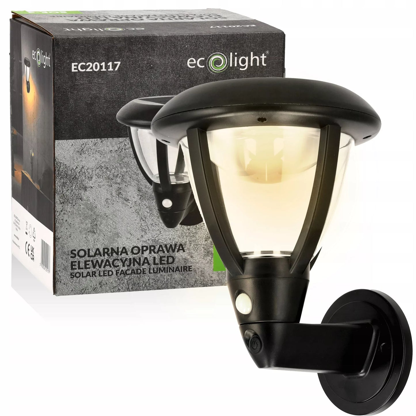ECOLIGHT saulės energija maitinamas fasadinis LED šviestuvas su judesio ir sutemų jutikliu IP44