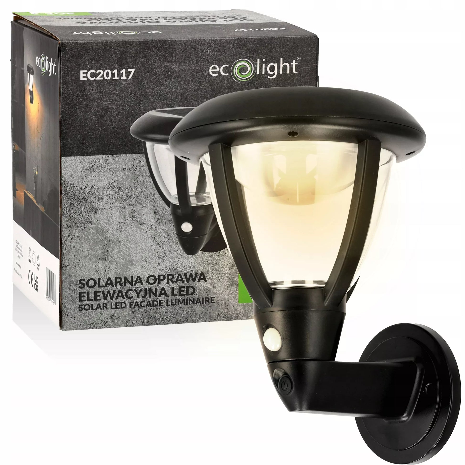 ECOLIGHT saulės energija maitinamas fasadinis LED šviestuvas su judesio ir sutemų jutikliu IP44