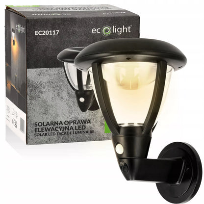 ECOLIGHT saulės energija maitinamas fasadinis LED šviestuvas su judesio ir sutemų jutikliu IP44