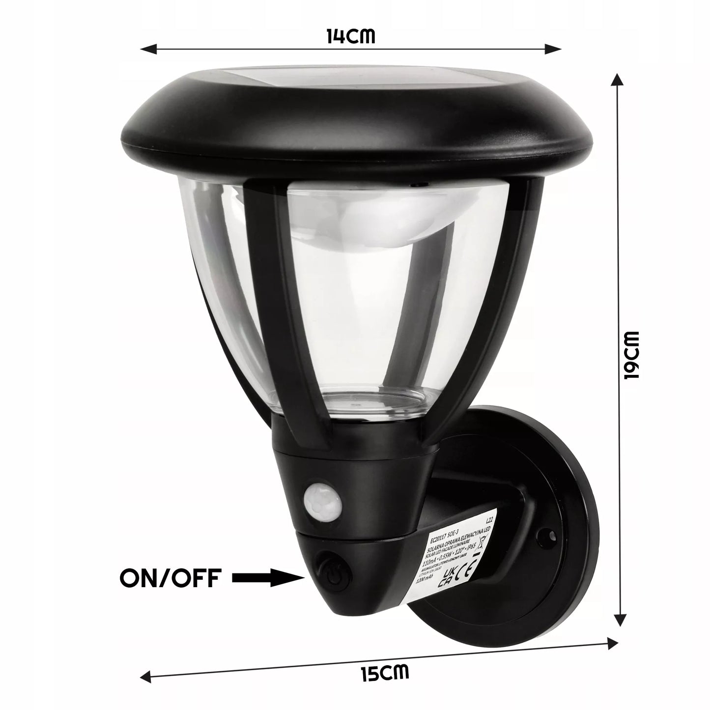 ECOLIGHT saulės energija maitinamas fasadinis LED šviestuvas su judesio ir sutemų jutikliu IP44