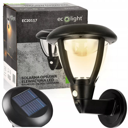 ECOLIGHT saulės energija maitinamas fasadinis LED šviestuvas su judesio ir sutemų jutikliu IP44
