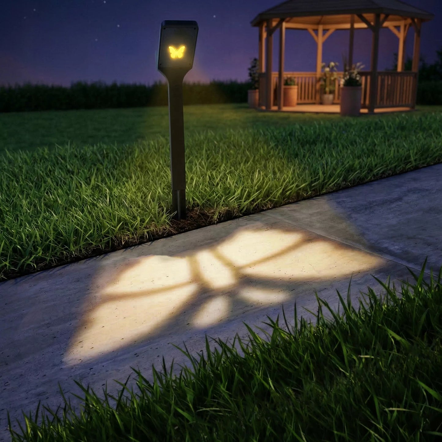 Ogrodowa lampa solarna LED IP65 66 cm wbijana, słupek z motywem motyla, 3000K/6000K, 2 w 1