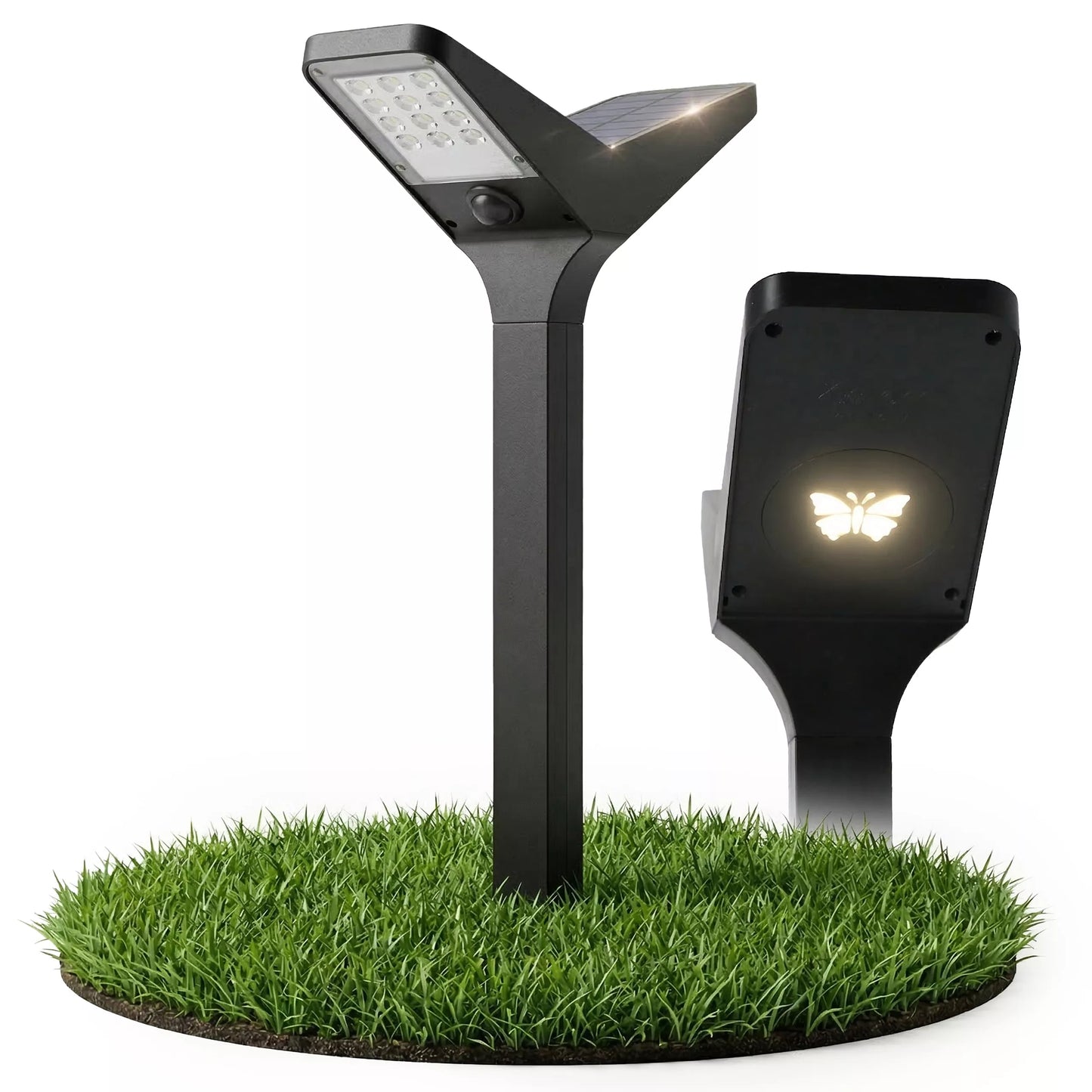 Ogrodowa lampa solarna LED IP65 66 cm wbijana, słupek z motywem motyla, 3000K/6000K, 2 w 1