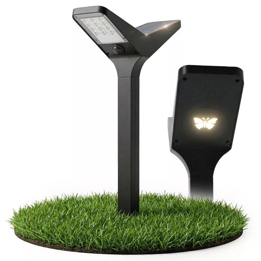 Ogrodowa lampa solarna LED IP65 66 cm wbijana, słupek z motywem motyla, 3000K/6000K, 2 w 1