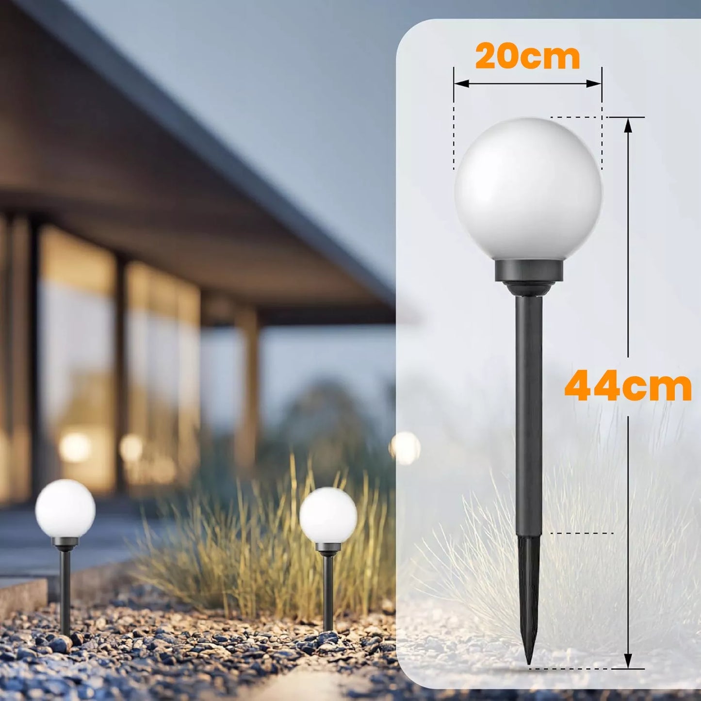 Ogródkowa lampa solarna LED w kształcie kuli, słupek do wbicia, 20 cm, czujnik zmierzchu, mocna