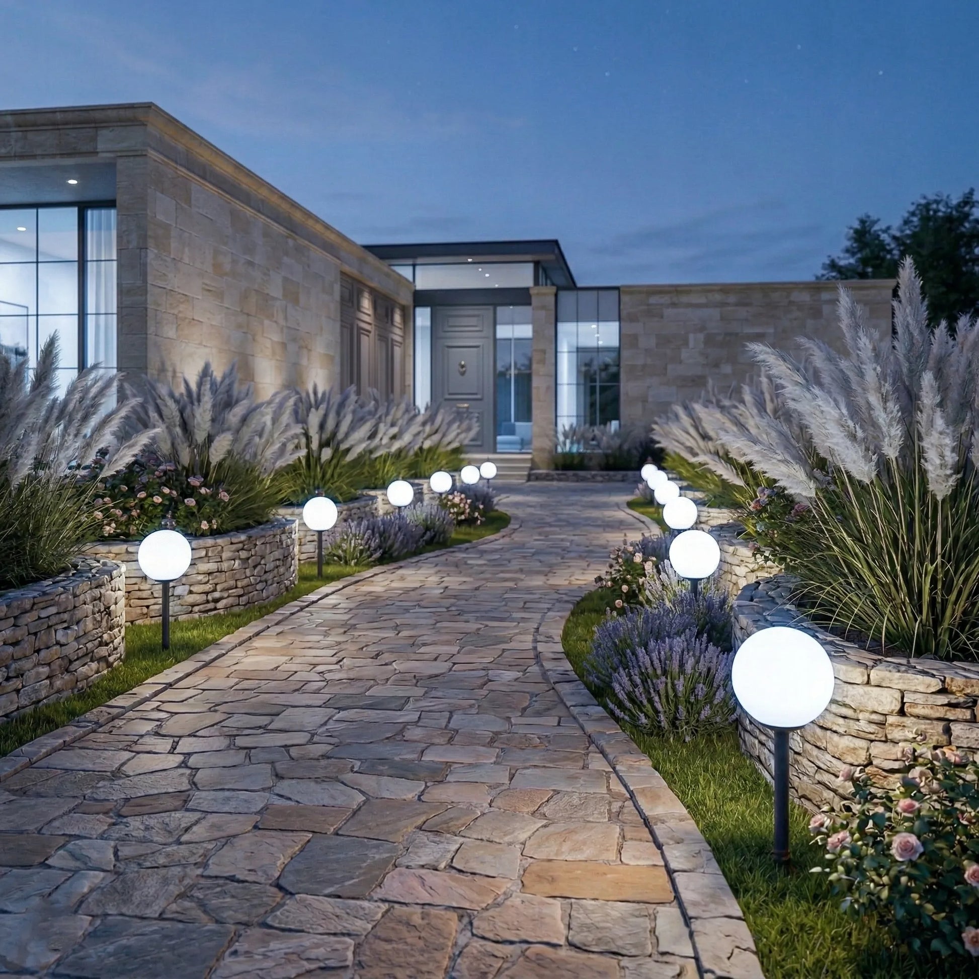 Ogródkowa lampa solarna LED w kształcie kuli, słupek do wbicia, 20 cm, czujnik zmierzchu, mocna