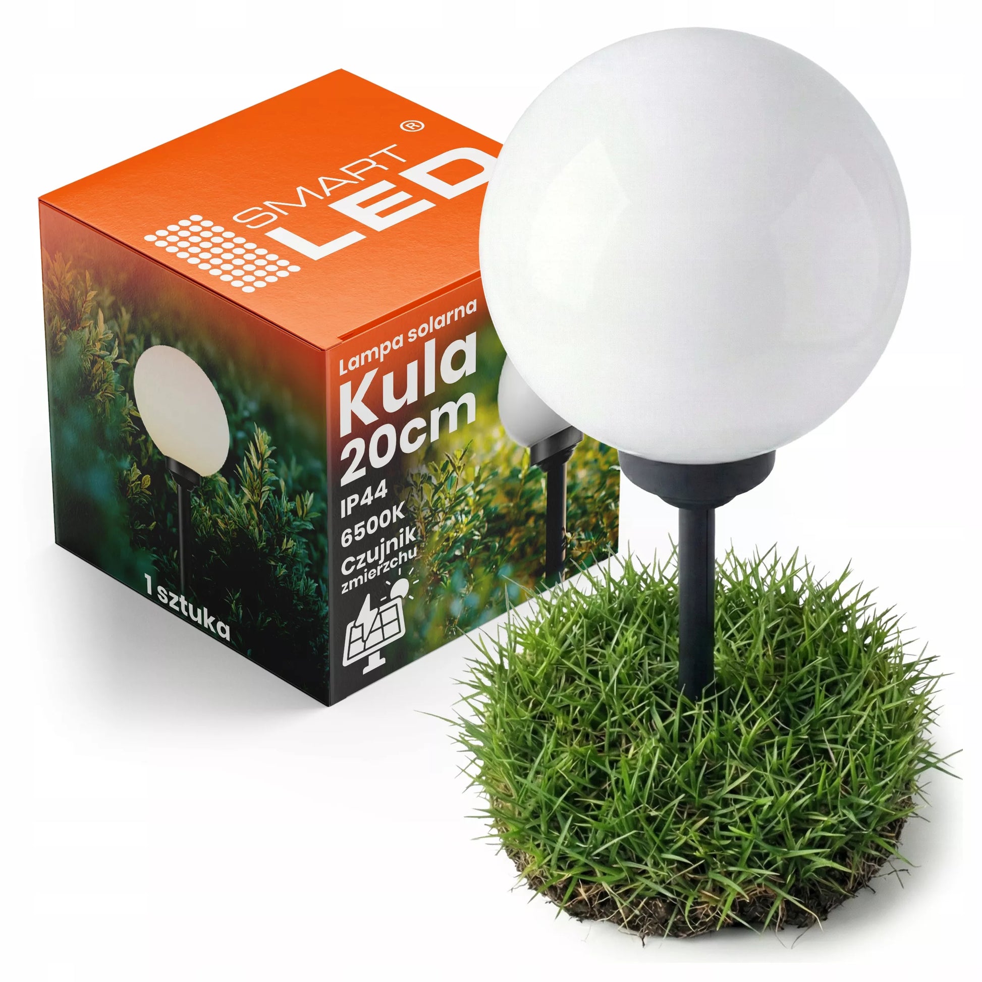 Ogródkowa lampa solarna LED w kształcie kuli, słupek do wbicia, 20 cm, czujnik zmierzchu, mocna