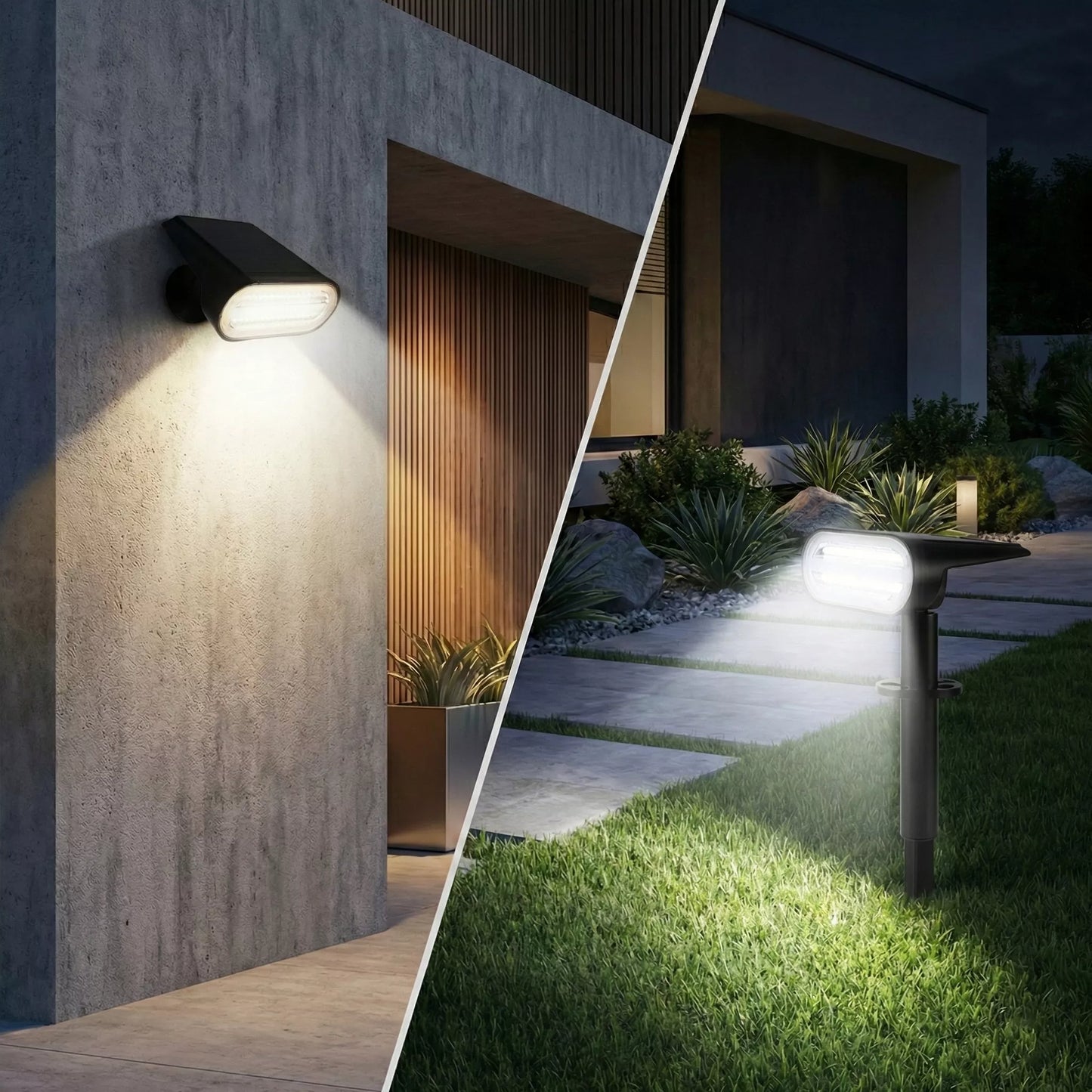 Solarna lampa ogrodowa LED, reflektor i kinkiet ścienny 2 w 1 z czujnikiem zmierzchu