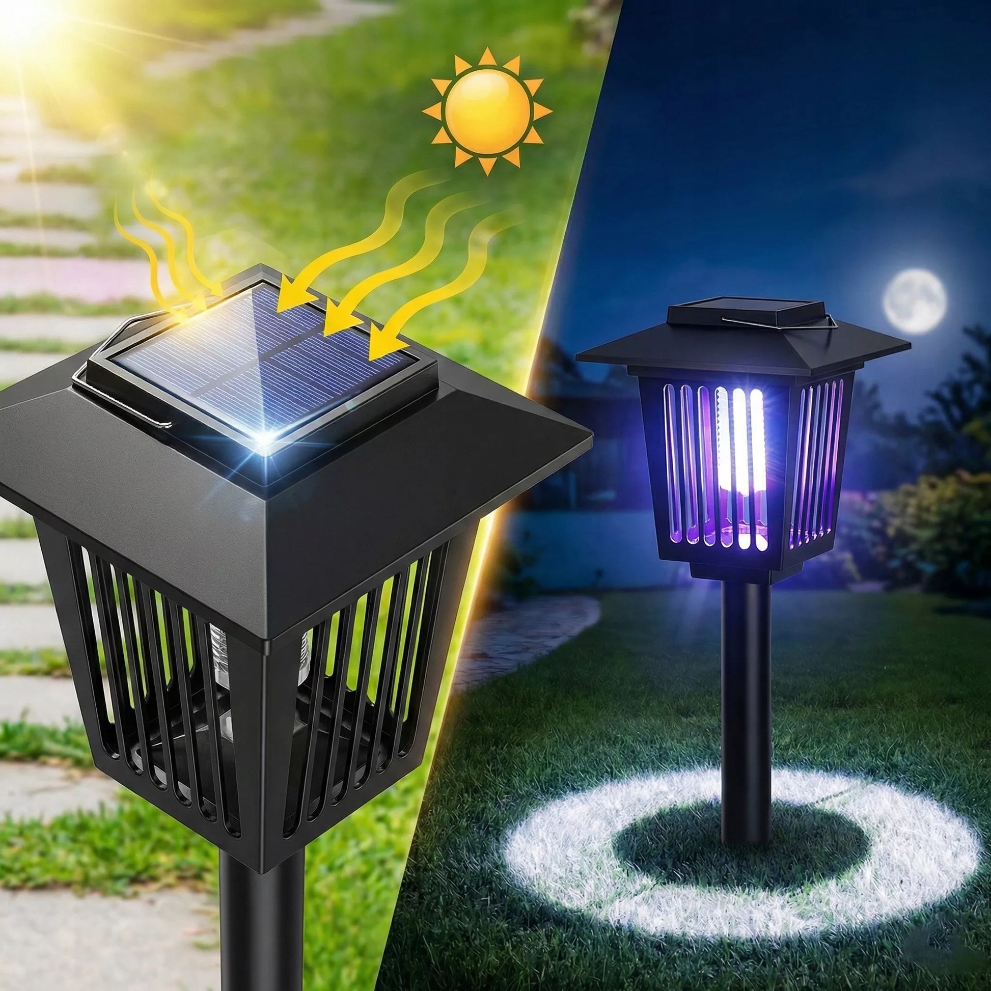 Ogrodowa lampa solarna LED owadobójcza 2w1 wbijana 44 cm z czujnikiem zmierzchu