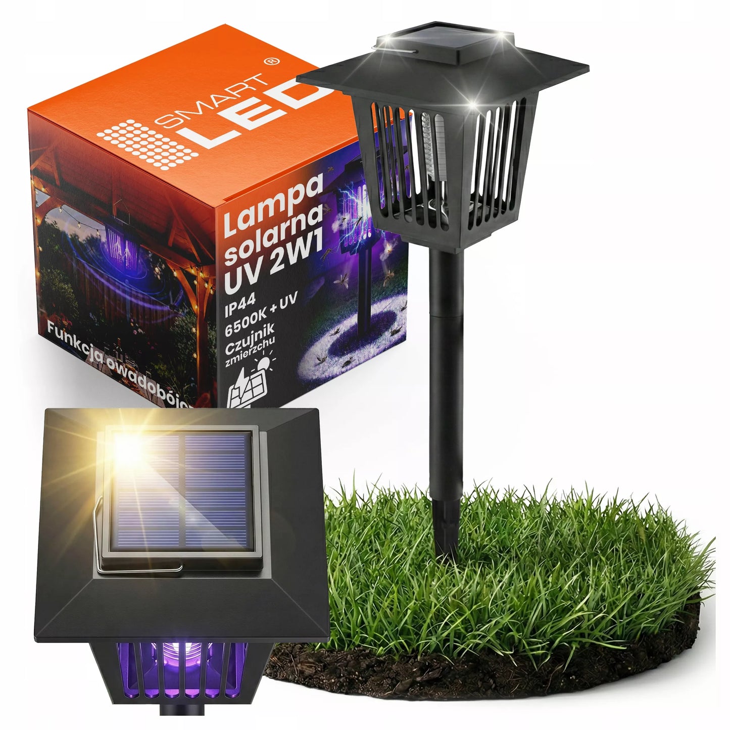 Ogrodowa lampa solarna LED owadobójcza 2w1 wbijana 44 cm z czujnikiem zmierzchu