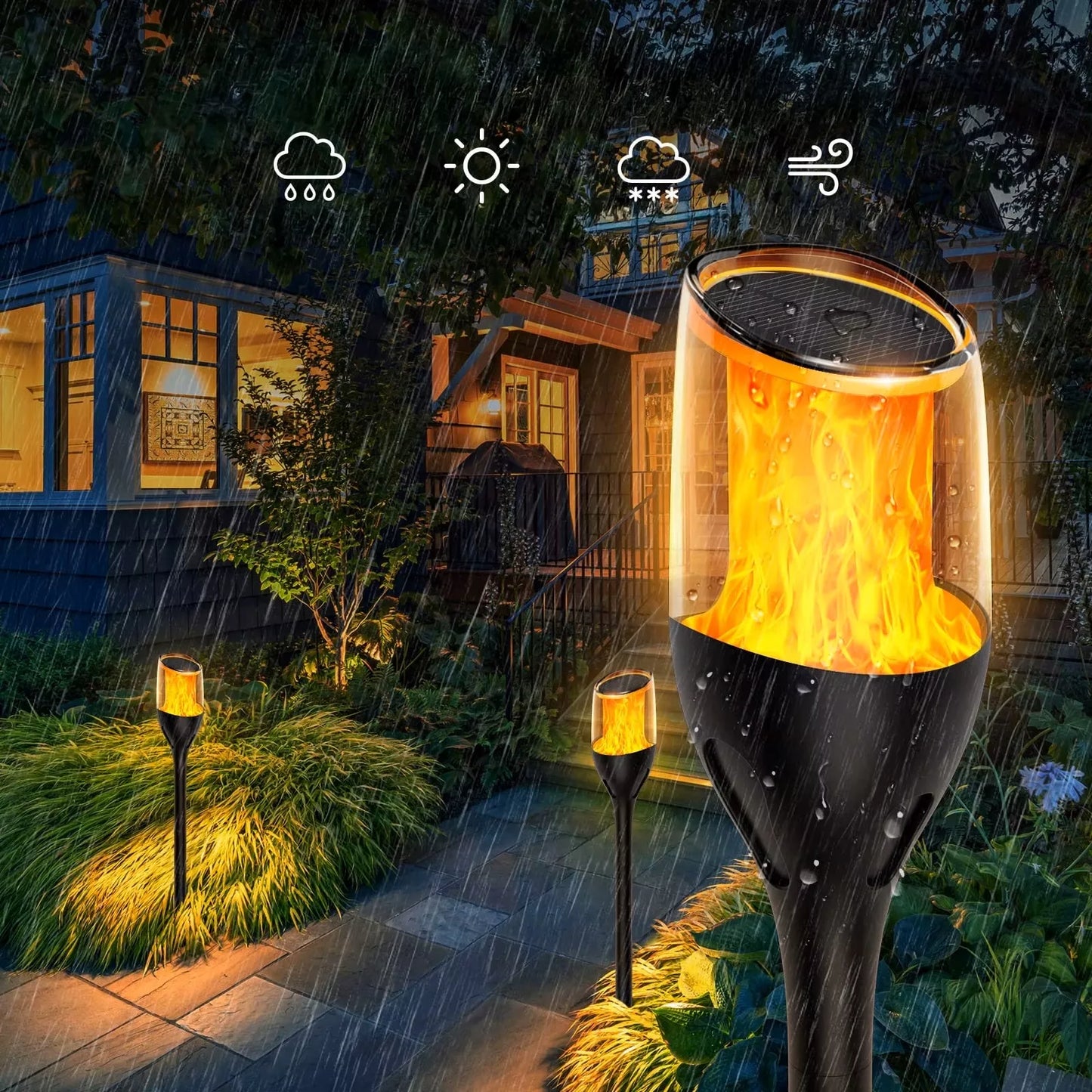 LED Saulės lempa fakelas ugnies efektas 60cm galinga prieblandos jutiklis IP44 PREMIUM