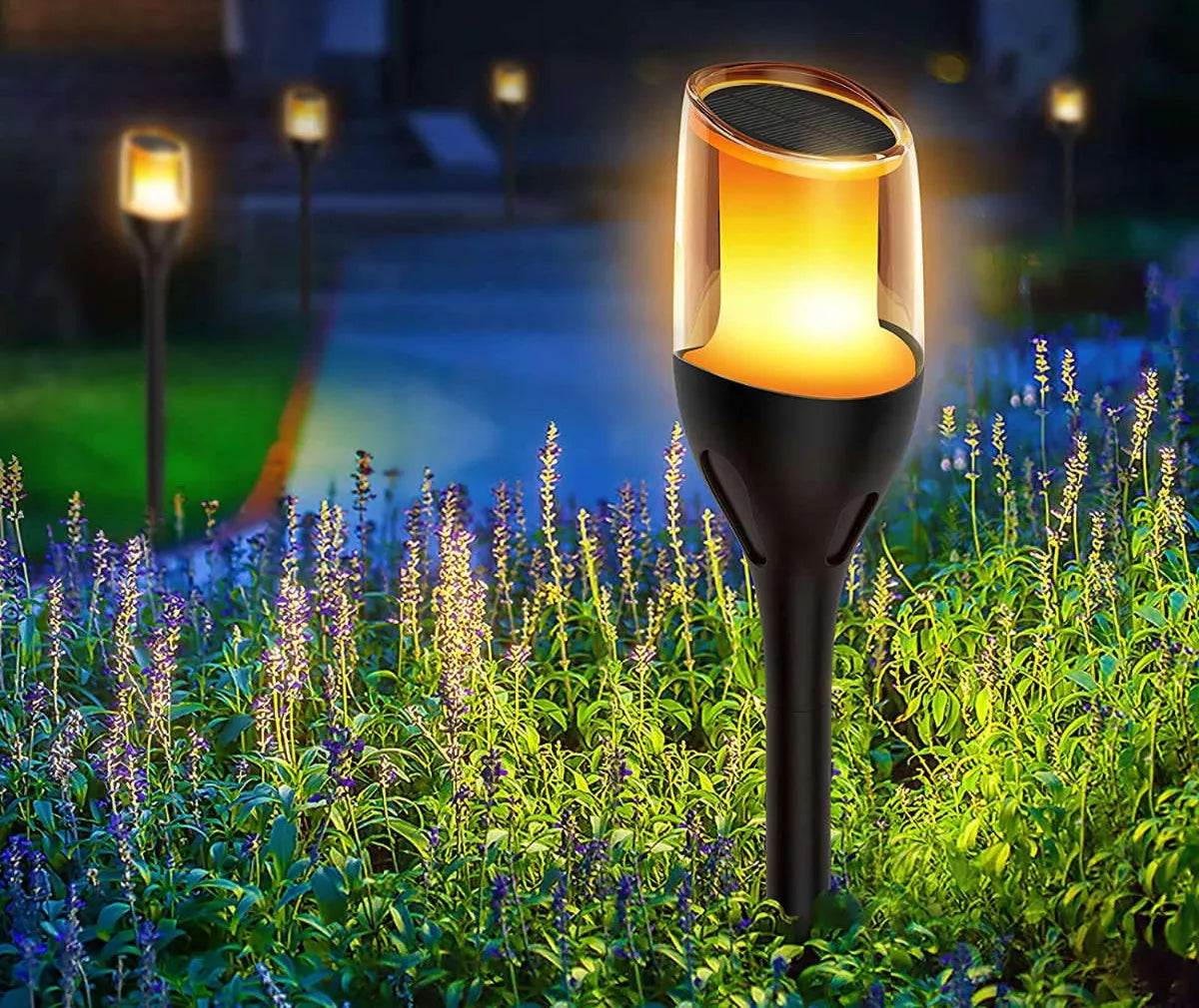 LED Saulės lempa fakelas ugnies efektas 60cm galinga prieblandos jutiklis IP44 PREMIUM