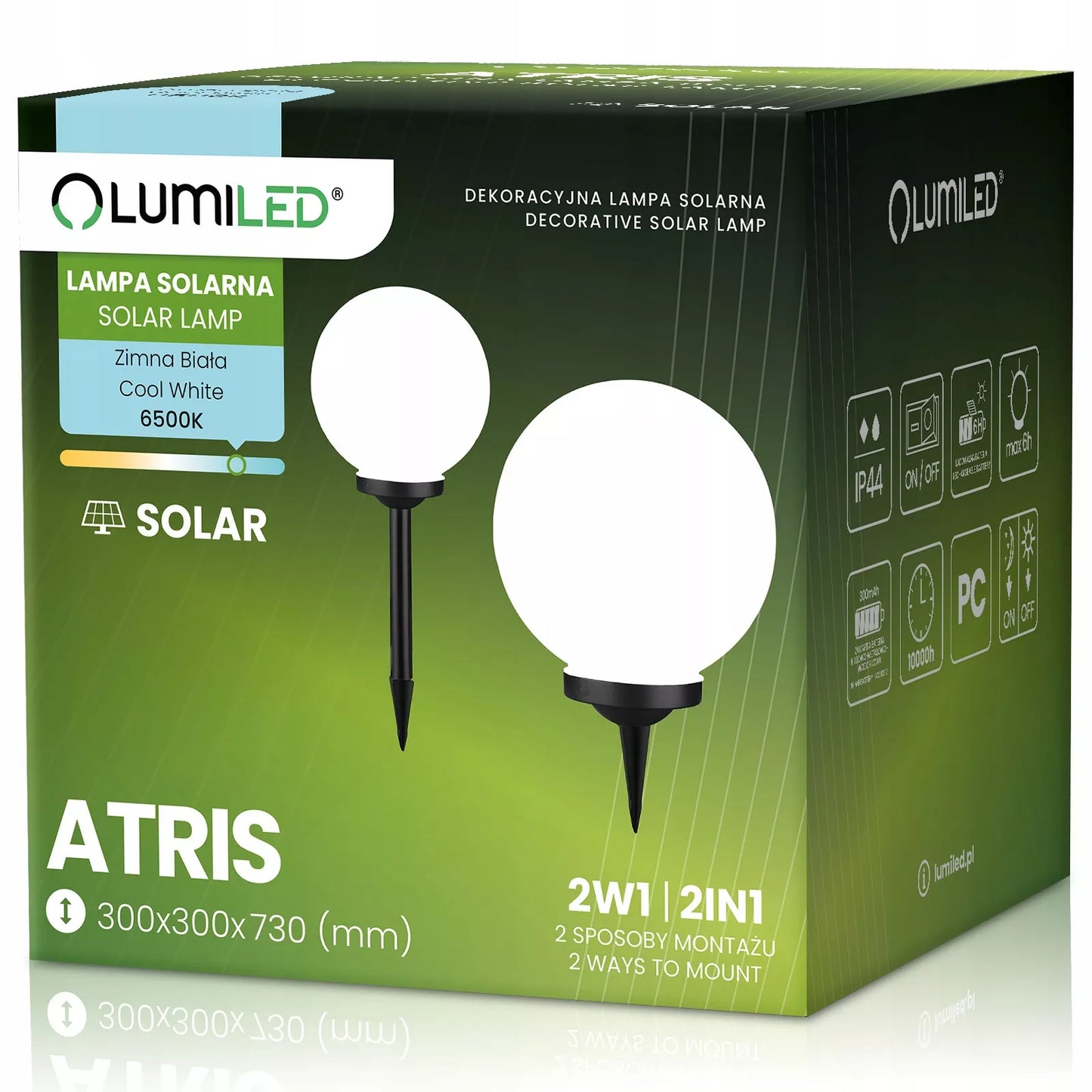 Ogrodowa lampa solarna LED KULA 30 cm wbijana do ziemi, dekoracyjna kula