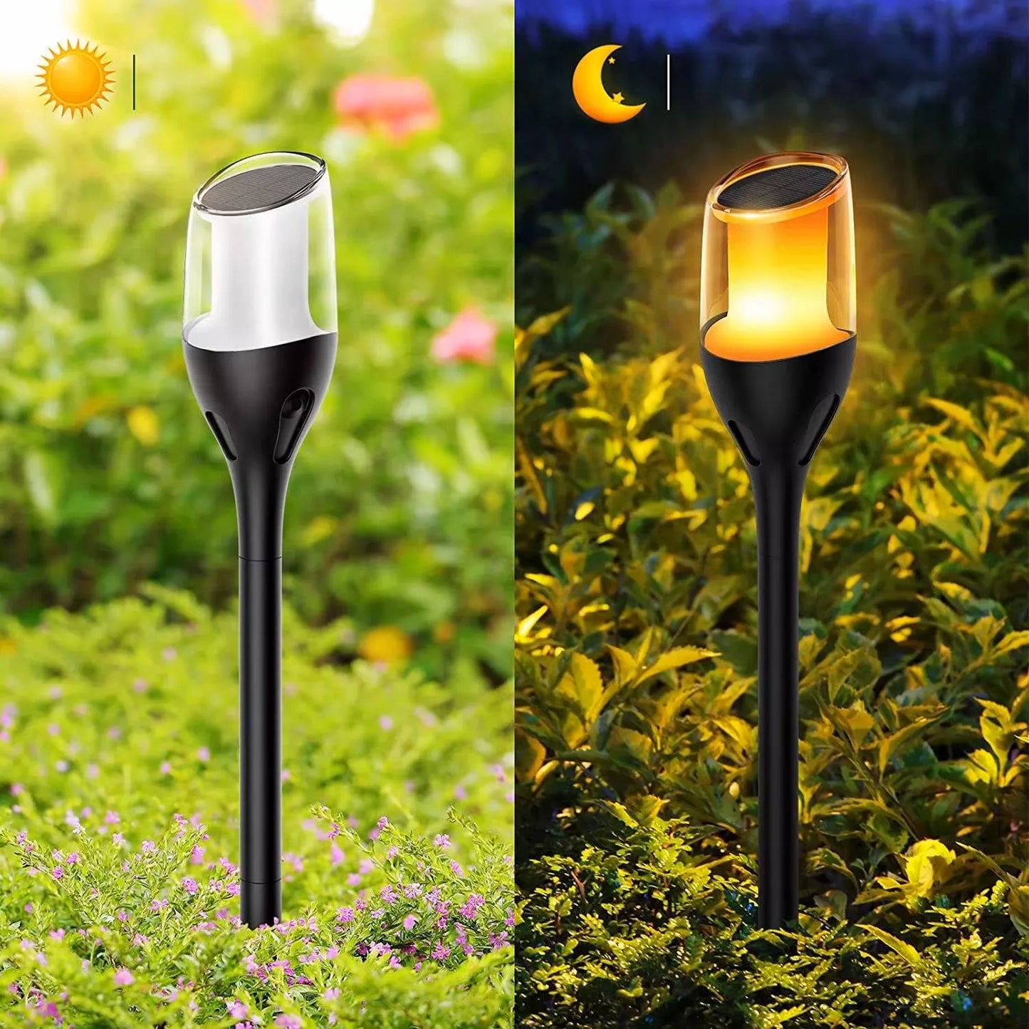 Ogrodowa lampa solarna LED słupek wbijany z czujnikiem zmierzchu imitująca płomień pochodni