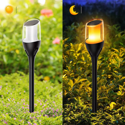 Ogrodowa lampa solarna LED słupek wbijany z czujnikiem zmierzchu imitująca płomień pochodni